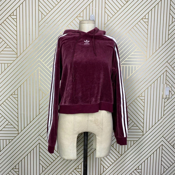 Adidas Originals Hoodie Sweatshirt Cropped Velour Purple Red Size US Small - Picture 2 of 12